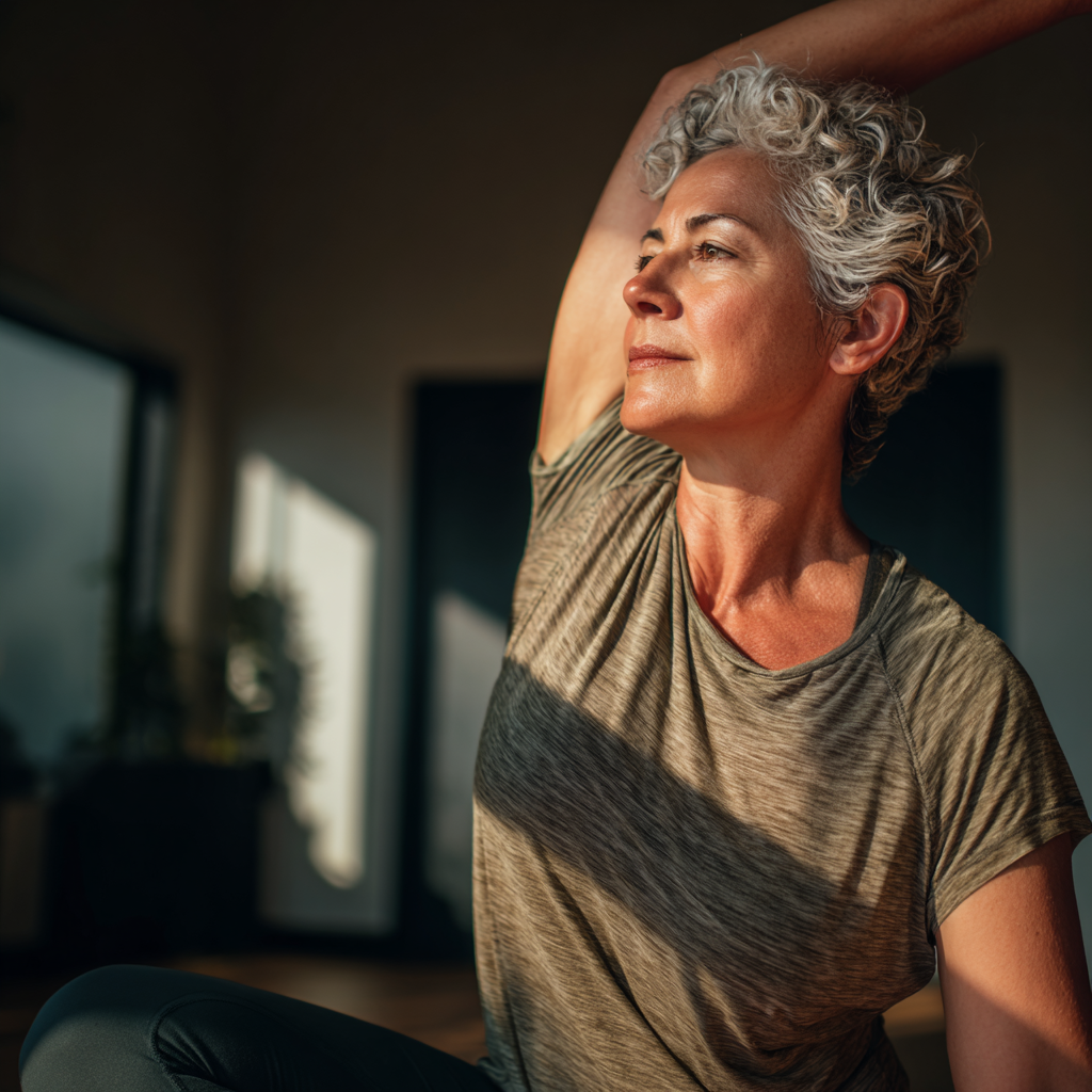 Middle-aged woman performing stretching exercises in a peaceful studio environment