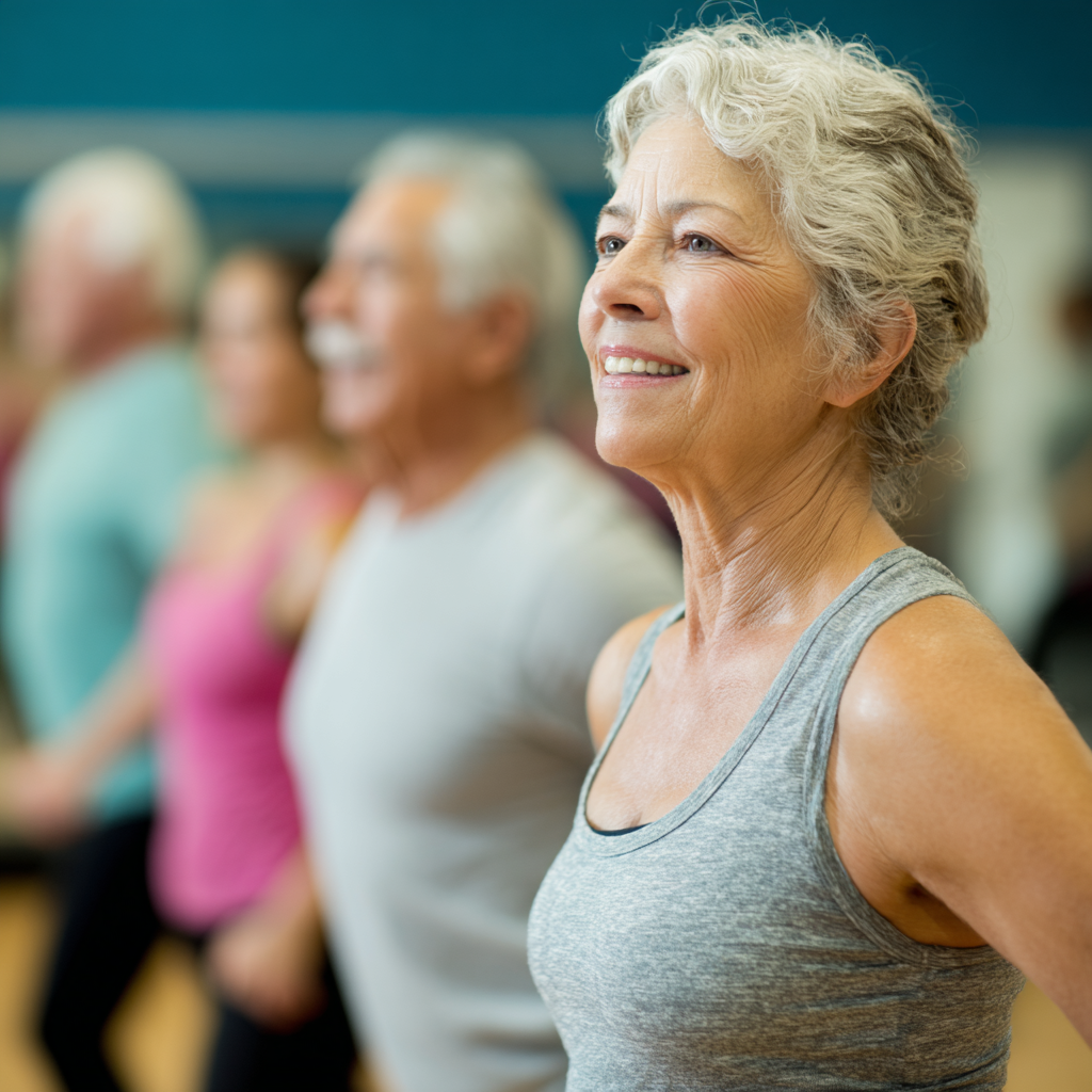 Older adults participating in group fitness session with focus on stability exercises